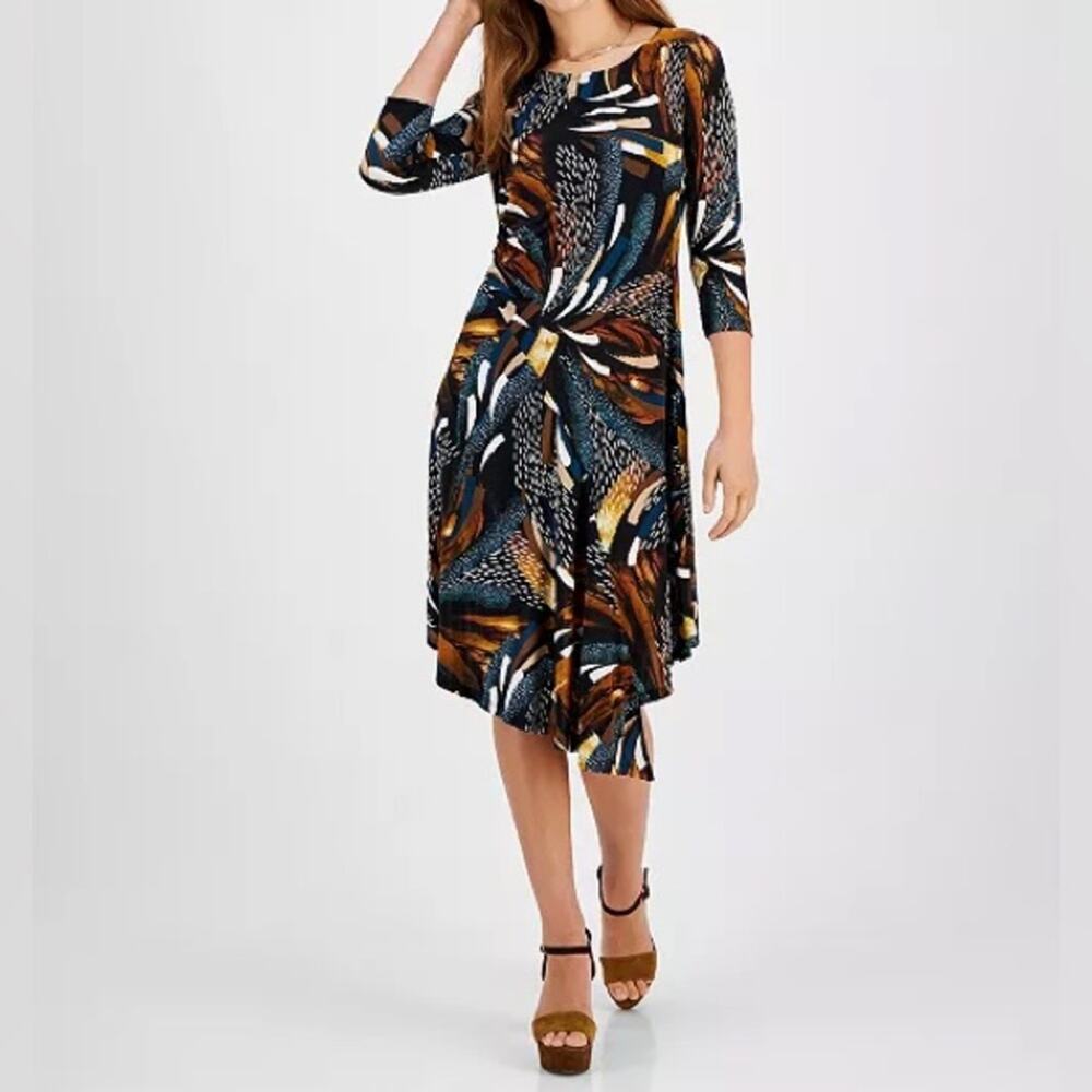 Robbie Bee Petite 3/4-Sleeve Asymmetrical-Hem Dress Teal Multi Women’s Sz PM - Picture 2 of 10